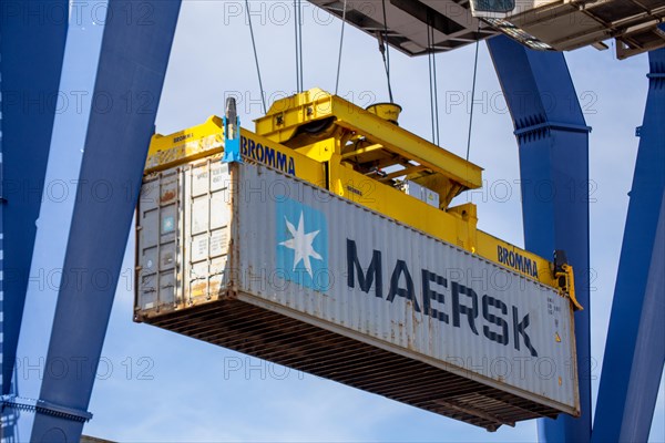 A Maersk Line container is loaded in the port of Mannheim, Germany. Supply bottlenecks and a sharp rise in container prices are currently affecting global trade