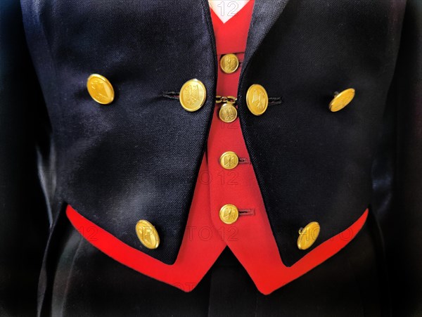 Bundestag tailcoat, black tailcoat with red waistcoat and golden buttons with federal eagle, detail, Haus der Geschichte, Bonn, Germany, Europe