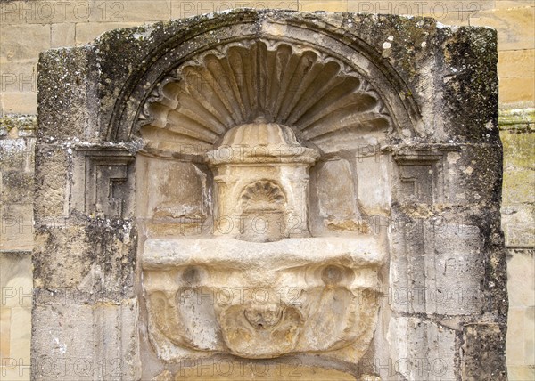 Historic carved stonework of water fountain in village of Laguardia, Alava, Basque Country, northern Spain