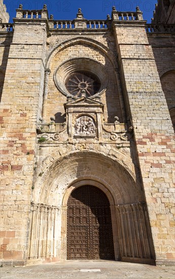 Romanesque facade of Cathedral church, Catedral de Santa Maria de Sigueenza, Siguenza, Guadalajara province, Spain, Europe