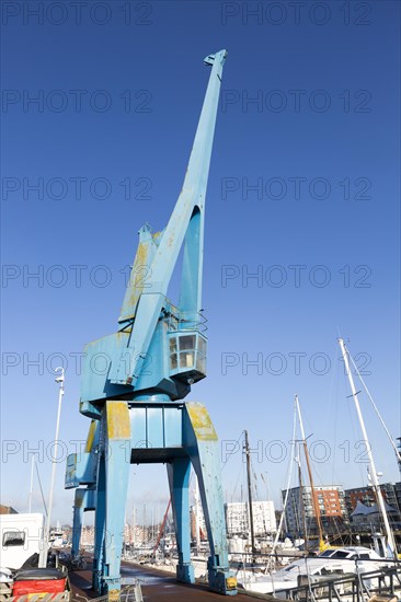 Historic Babcock crane Ipswich Wet Dock waterside redevelopment, Ipswich, Suffolk, England, Uk