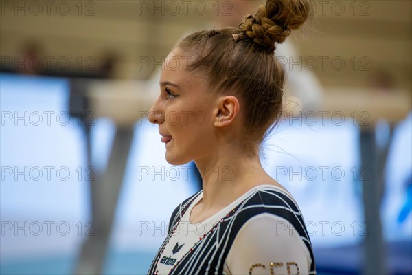 Heidelberg, 9 September 2023: Women's apparatus gymnastics national competition in the SNP Dome in Heidelberg. Karina Schoenmaier after her routine on the balance beam