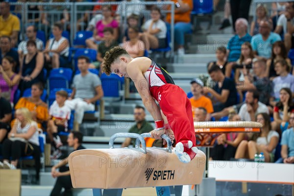 Heidelberg, 9 September 2023: Men's World Championship qualification in conjunction with a national competition against Israel. Alexander Kunz performing his pommel horse routine