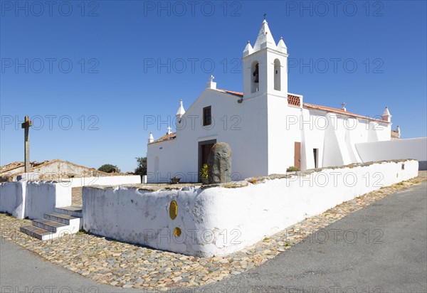 Whitewashed building rural country village catholic church Igreja Santa Barbara de Padroes, near Castro Verde, Baixo Alentejo, Portugal, southern Europe, Europe