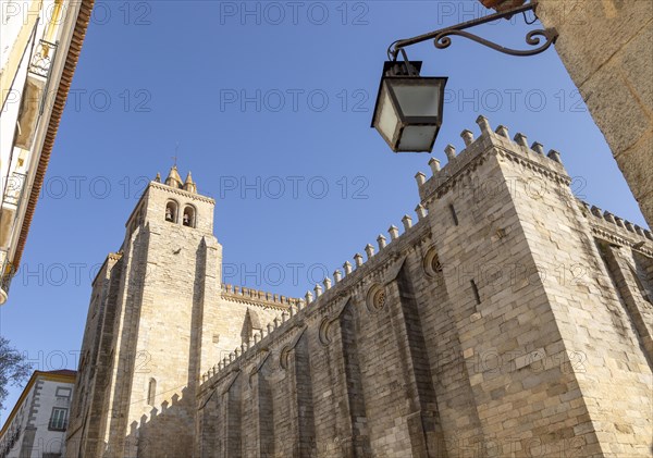 Historic Roman Catholic cathedral church of Evora, Se de Evora, in the city centre, Basilica Cathedral of Our Lady of Assumption, the largest medieval cathedral in Portugal exterior of building dating from the 16th Century