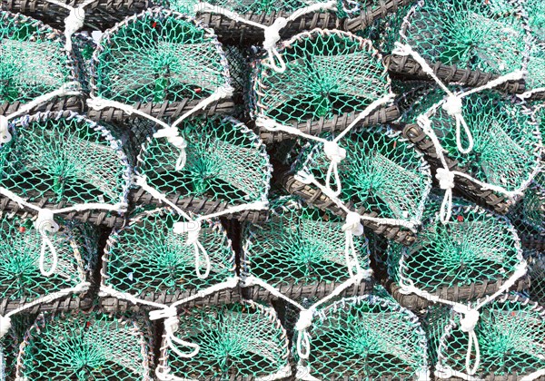Piles of new lobster pots on Holy Island, Lindisfarne, Northumberland, England, UK close up