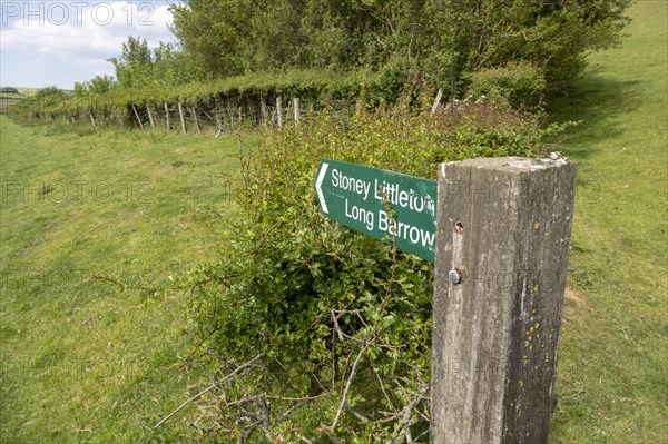 Signpost to Stoney Littleton long barrow Neolithic chambered tomb, Wellow, Somerset, England, UK