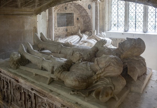 Berkeley church burial chapel foreground Lord James 1417-1463 and son James beyond Lord Henry 1534-1613 wife Katharine Howard