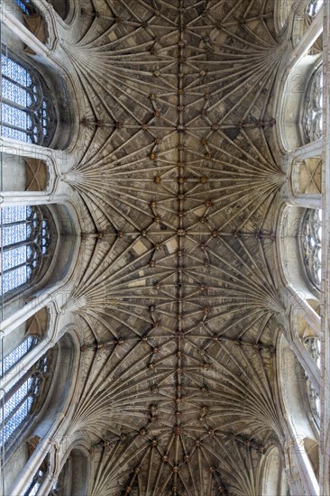 Vaulted stone roof ceiling of the chancel inside Norwich Cathedral, Norfolk, England, UK