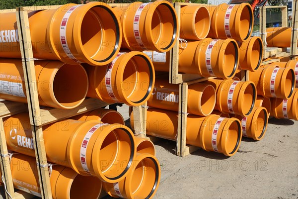 Stack of KG pipes on a construction site (Mutterstadt, Germany, 15/05/2019), Europe