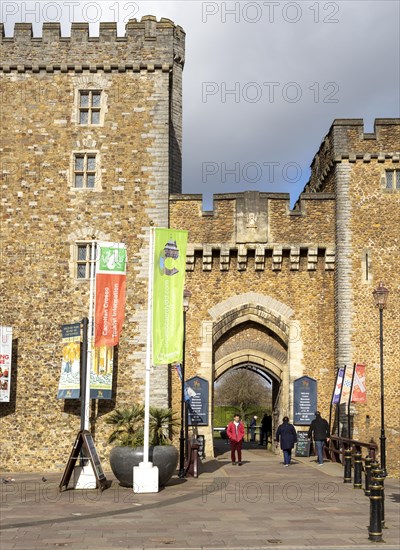 Walls and entrance doorway gateway into Cardiff Castle, Cardiff, South Wales, UK