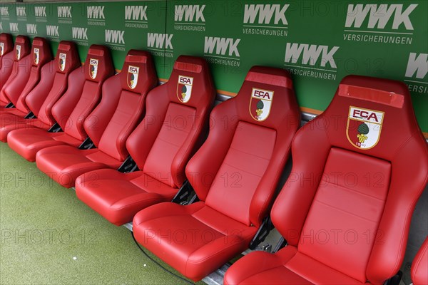 Empty bench, bench, seats, logo, WWK Arena, Augsburg, Bavaria, Germany, Europe