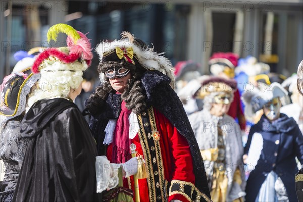 LUST & PASSION & JOY OF LIFE, for the joy of the masquerade, the Elbvenezian Carnival took place in Dresden on the weekend in front of Rose Monday. The highlight was the joint stroll through the historic centre with masks in robes in the style of the Elbe Venetian Carnival from the Neumarkt through the Altmarktgalerie, the Schlossstrasse, through the Stallhof, along the Fuerstenzug, onto the Bruehlsche Terrasse and into the Bruehlsche Garten, Dresden, Saxony, Germany, Europe