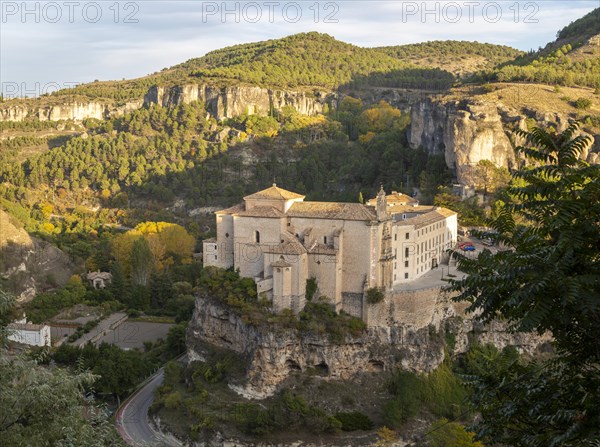 Parador de Cuenca. Saint Paul monastery church building, Cuenca, Castille La Mancha, Spain, river gorge, Rio Huecar, Europe