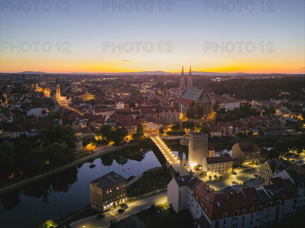 Aerial view of the old town of Goerlitz in the evening in Upper Lusatia, Goerlitz, Saxony, Germany, Europe