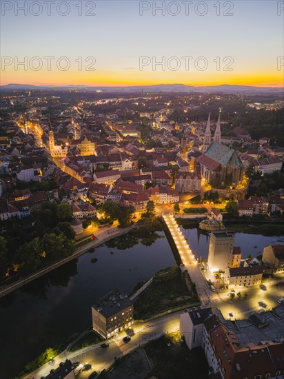 Aerial view of the old town of Goerlitz in the evening in Upper Lusatia, Goerlitz, Saxony, Germany, Europe