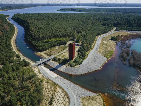 The 30 metre high landmark of the Lusatian Lakeland, the so-called Rusty Nail, was built at the mouth of Lake Sedlitz. It is a lookout tower made of 111 tonnes of Corten steel, with the base of a right-angled triangle with cathetus lengths of approximately twelve and eight metres. 162 steps lead to the viewing platform on the tower, Senftenberg, Brandenburg, Germany, Europe