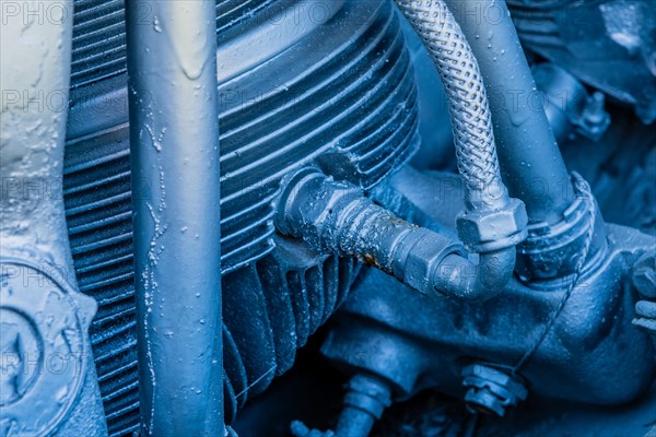 Spark plug in piston of radial engine that has been painted silver in Seosan, South Korea, Asia