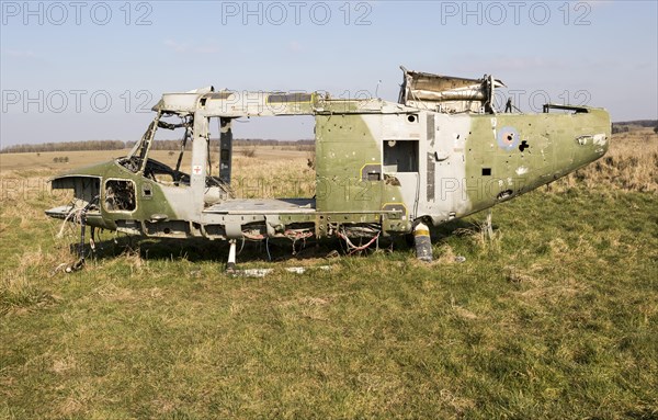 Westland Lynx helicopter wreck at Copehill Down FIBUA village military training area, Fighting In Built Up Areas, Wiltshire, England, UK