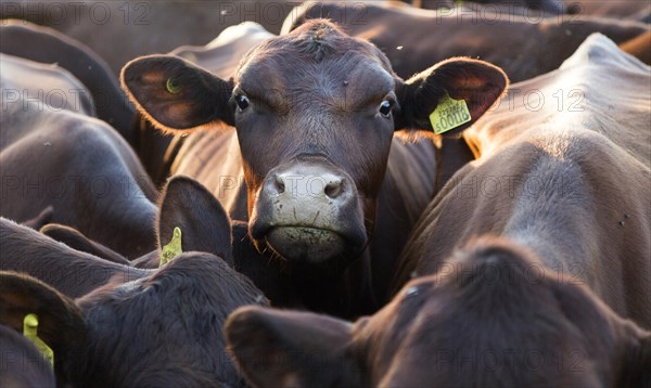 Young red poll cattle crowded together, Sutton, Suffolk, England, Uk