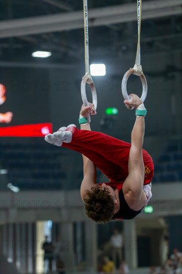 Heidelberg, 9 September 2023: Men's World Championship qualification in conjunction with a national competition against Israel. Alexander Kunz during his routine on the rings