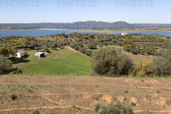 Landscape view northwards towards hills and Monsaraz from Mourao, Alentejo Central, Evora district, Portugal, southern Europe, Europe