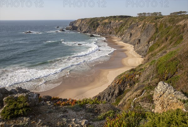 Secluded sandy beach in bay between rocky headlands at Parque Natural do Sudoeste Alentejano e Costa Vicentina, Natural Park, landscape view on the Ruta Vicentina long distance walking trail, at Praia dos Machados, Carvalhal, Alentejo Littoral, Portugal, southern Europe, Europe