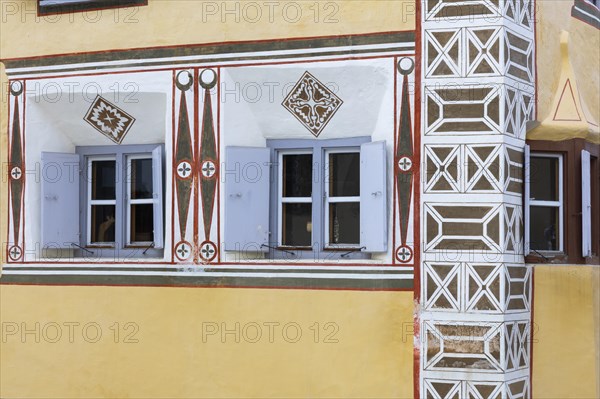 Window, historic house, sgraffito, facade decorations, Ardez, Engadin, Grisons, Switzerland, Europe