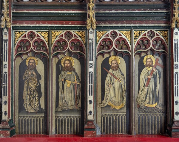 Victorian rood screen paintings of saints, Bildeston church, Suffolk, England, UK, St John, St Louis?, St Paul, St James the Less? (1890s)