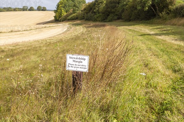 Sign for stewardship margin conservation strip of land in arable field, Inkpen Hill, Berkshire, England, UK