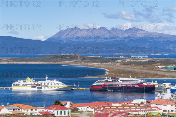 Two cruise ships moored in the harbour on the Beagle Channel, Ushuaia, Tierra del Fuego Island, Patagonia, Argentina, South America