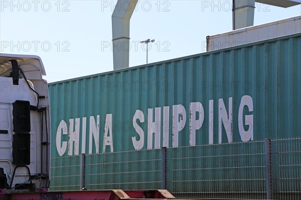 Close-up of a freight container labelled China shipping (Mannheim, Baden-Wuerttemberg)