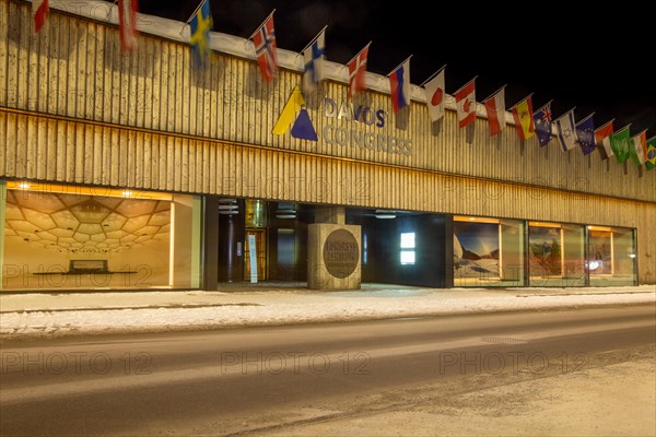 The congress centre in Davos, Switzerland, venue of the annual World Economic Forum (WEF) at night, Europe