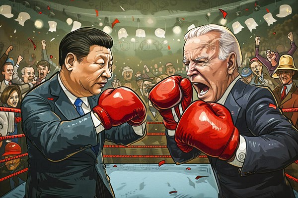 Political cartoon, Xi Jinping and Joe Biden in the boxing ring in an aggressive pose, symbolising the cultural, ideological and economic struggle between China and the USA, AI generated, AI generated