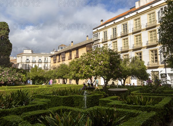 Jardin Catedral de la Encarnacion garden next to cathedral with fountains and hedges, Malaga, Andalusia, Spain, Europe