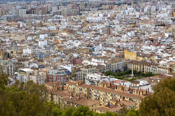 Cityscape view go high density buildings in city centre of Malaga, Spain, Plaza de Merced lower right, Europe