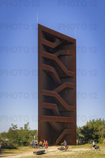 The 30 metre high landmark of the Lusatian Lakeland, the so-called Rusty Nail, was built at the mouth of Lake Sedlitz. It is a lookout tower made of 111 tonnes of Corten steel, with the base of a right-angled triangle with cathetus lengths of approximately twelve and eight metres. 162 steps lead to the viewing platform on the tower, Senftenberg, Brandenburg, Germany, Europe