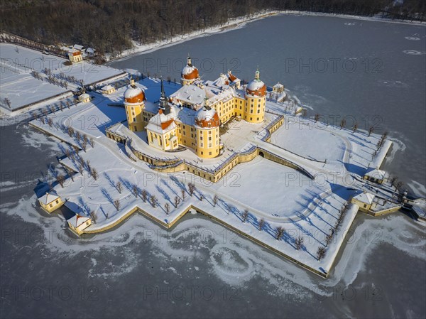 Moritzburg Castle on the castle island surrounded by the frozen castle pond, Moritzburg, Saxony, Germany, Europe