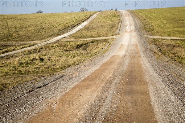 Unsurfaced road track crossing chalk landscape scenery near Chitterne, Salisbury Plain, Wiltshire, England, UK