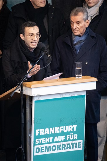 Around 20, 000 people gathered on the Roemerberg in Frankfurt am Main on 5 February 2024 to demonstrate for democracy under the motto Frankfurt stands up for democracy. Guest speakers at the event were Lord Mayor Mike Josef (SPD, left), Michel Friedmann (right) and former Lord Mayor Petra Roth (CDU) ., Roemerberg, Frankfurt am Main, Hesse, Germany, Europe