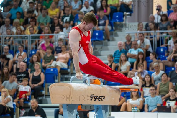 Heidelberg, 9 September 2023: Men's World Championship qualification in conjunction with a national competition against Israel. Leonard Pruegel during his routine on the pommel horse