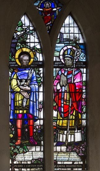 Church of Saint Mary Earl Soham, Suffolk, England, UK stained glass window by Margaret Edith Aldrich Rope (1891-1988), Saint Edmund and Saint Felix