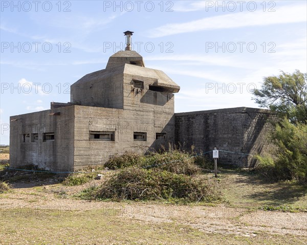 Second world war concrete bunker pill box defencing entrance at Landguard, Port of Felixstowe, Suffolk, England, UK