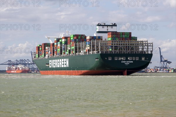 Evergreen Ever Govern one of the world's largest container ships making maiden call at Port of Felixstowe, Suffolk, England, UK, 17 Aug 2019