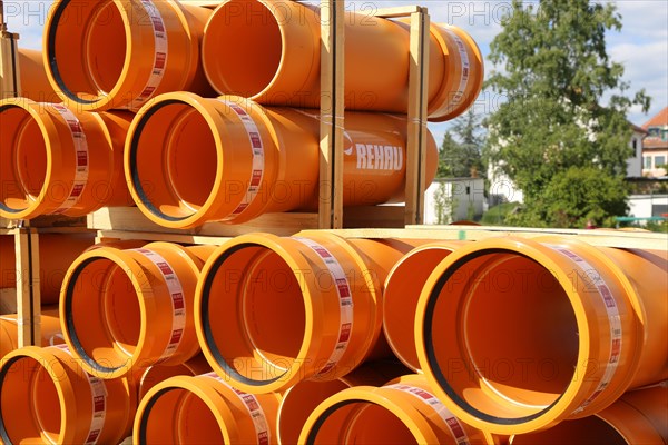 Stack of KG pipes on a construction site (Mutterstadt, Germany, 15/05/2019), Europe