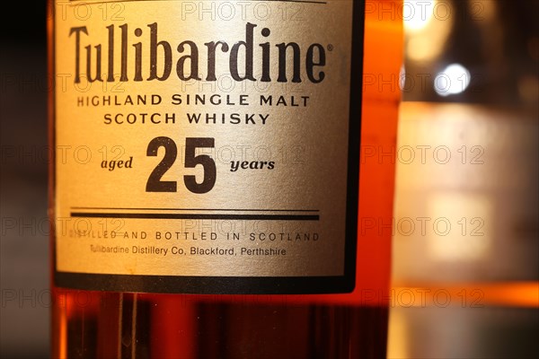 Close-up of a bottle of Tullibardine Single Malt 25 Years whiskey