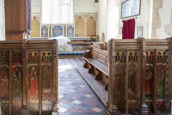 Medieval rood screen paintings of prophets, Bedfield church, Suffolk, England, UK