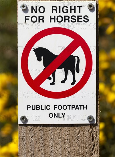 Macro close up No Right For Horses Public Footpath Only sign on fencepost, Sutton, Suffolk, England, UK