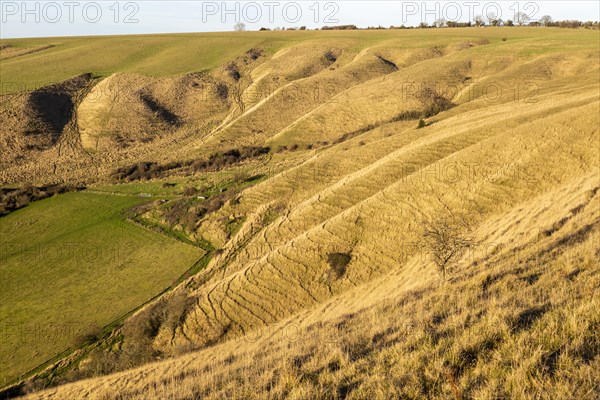 Ridges and dry valleys chalk scarp slope on Roundway Down, Wiltshire, England, UK