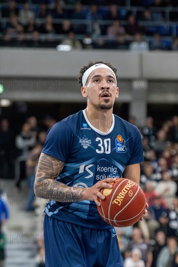 09.02.2024, easy Credit BBL, German Basketball League, Matchday 20) : MLP Academics Heidelberg against Basketball Lions Braunschweig (final score 76:94) . Free throw by Jeffrey Carroll (Heidelberg)